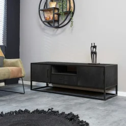 Meuble TV bois noir avec rangement 145 cm RIVANO