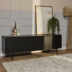 Meuble TV bois noir 4 portes rainurées 165 cm CORTINA