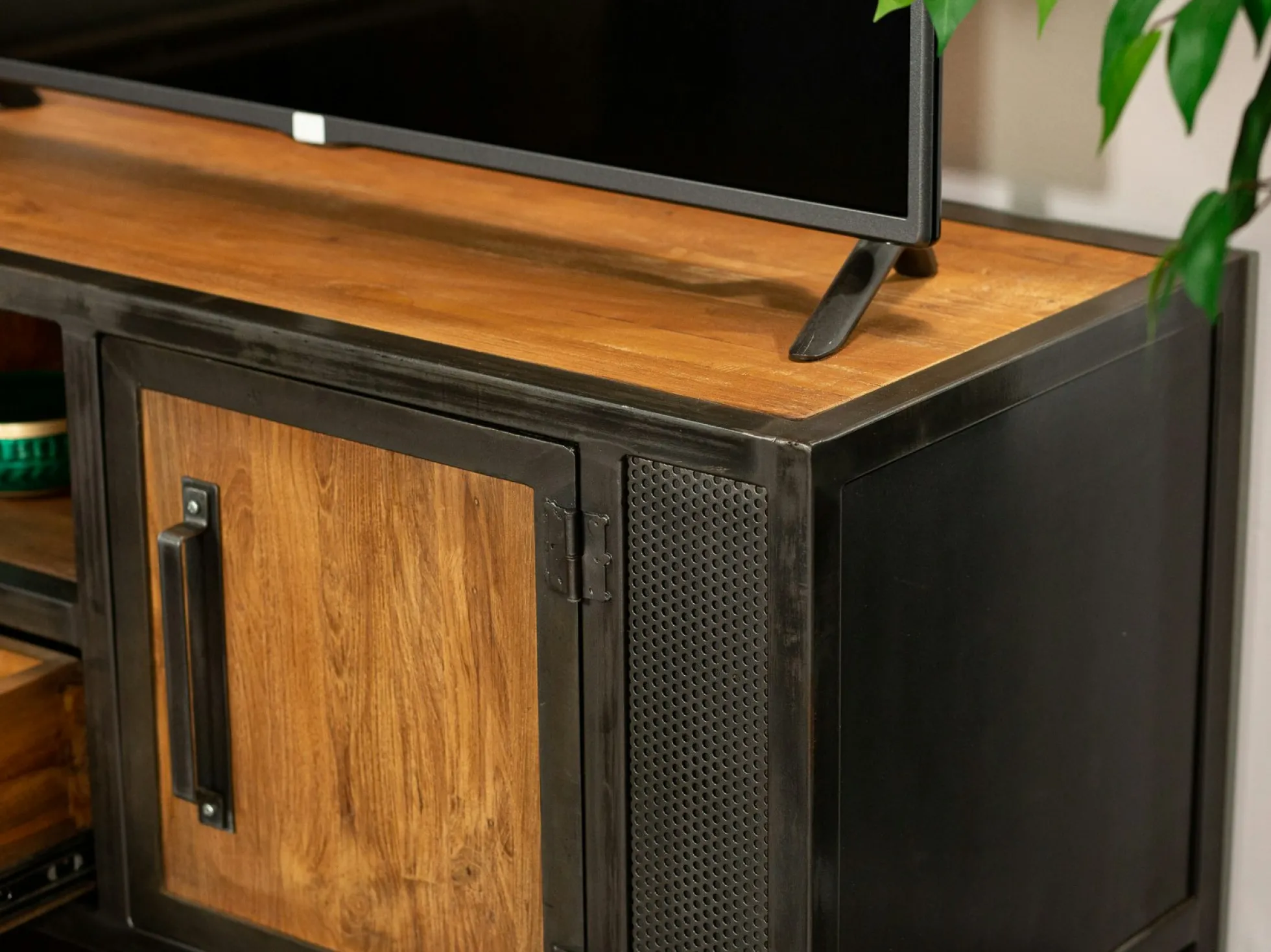 Meuble tv bois recyclé teck métal vieilli CLEVELAND