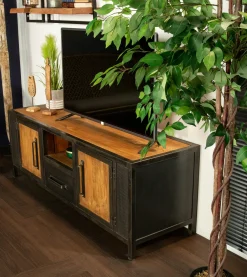Meuble tv bois recyclé teck métal vieilli CLEVELAND