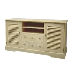 Meuble TV / Buffet Hévéa 2 portes persiennes, 6 tiroirs, 2 niches 150x44x80cm MAORI