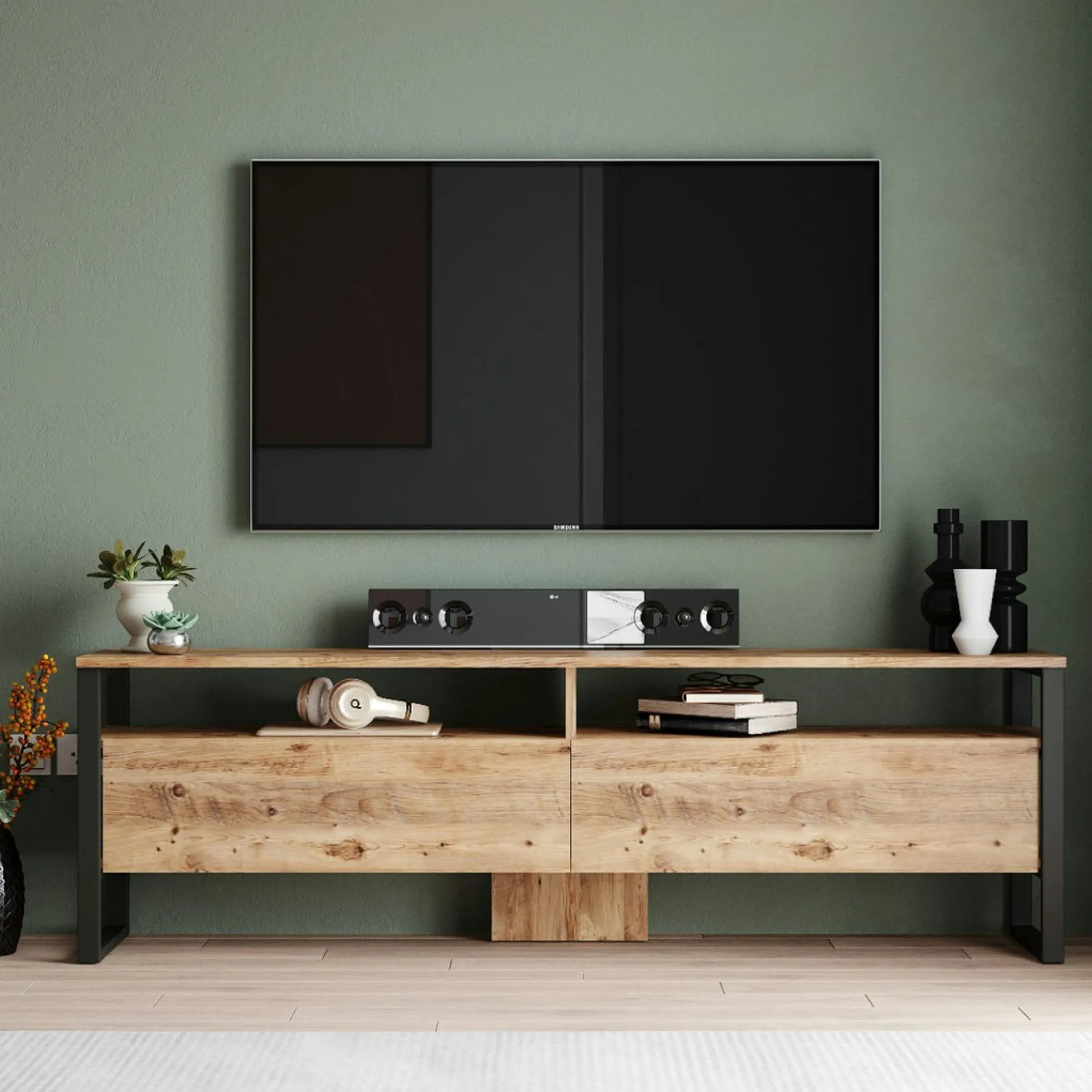 Meuble TV campagne décor bois 4 espaces de rangement JENA