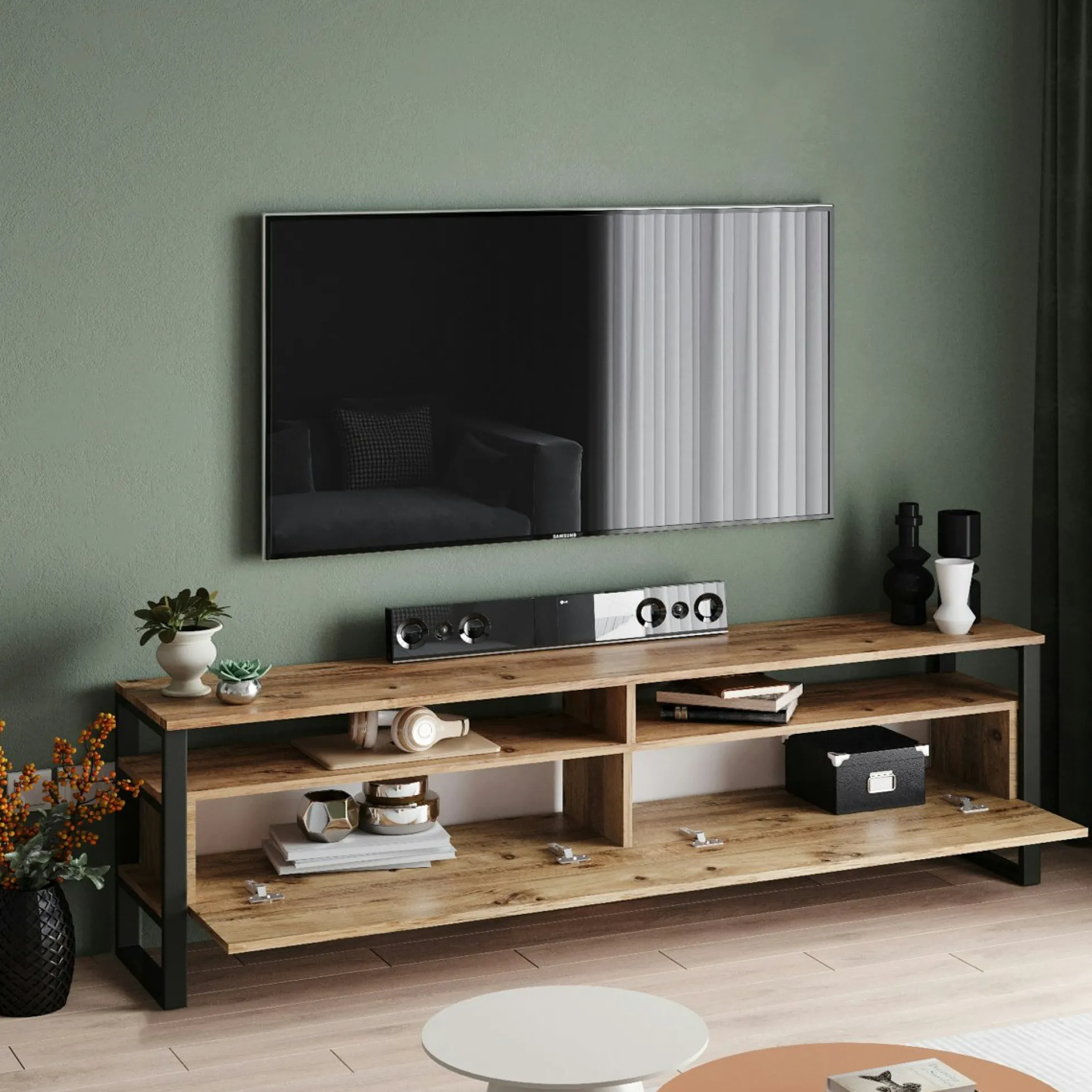 Meuble TV campagne décor bois 4 espaces de rangement JENA