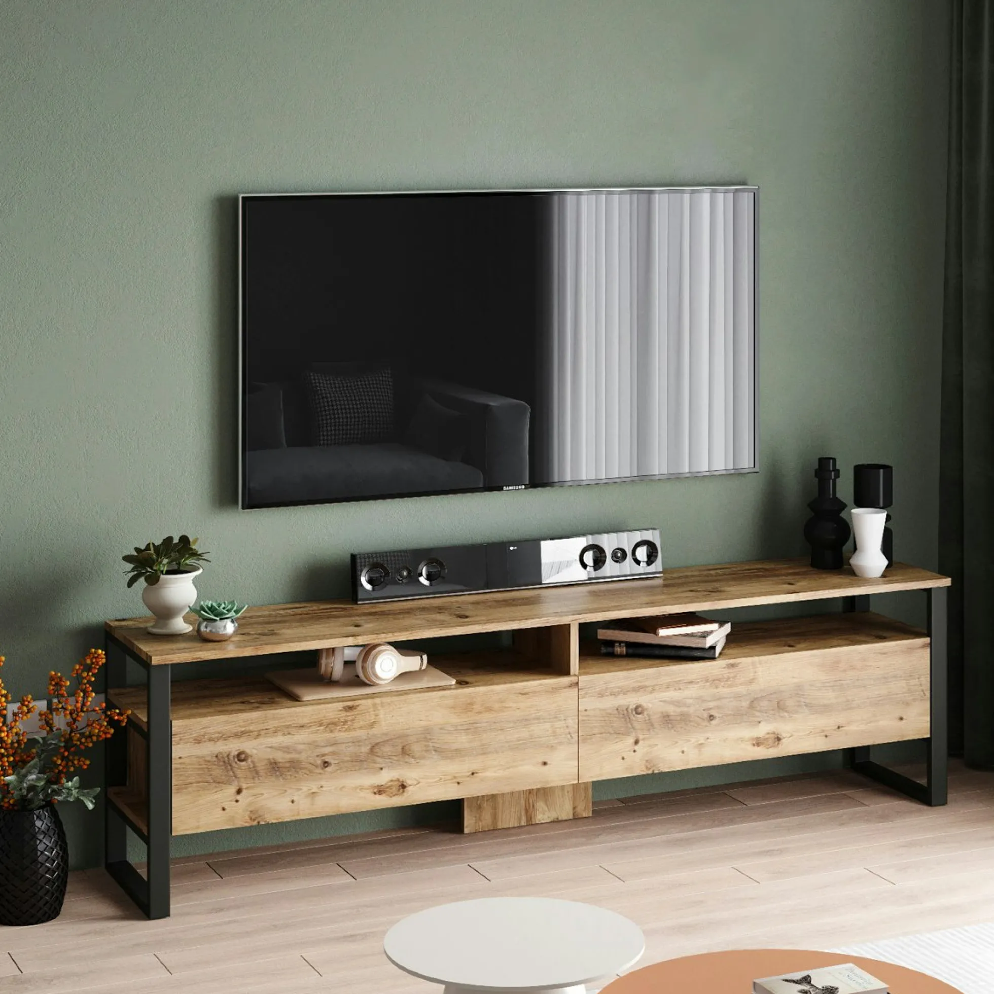 Meuble TV campagne décor bois 4 espaces de rangement JENA