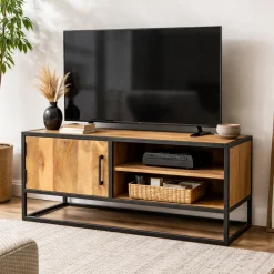 Meuble TV compact en bois clair et métal noir 1 porte RIVANO