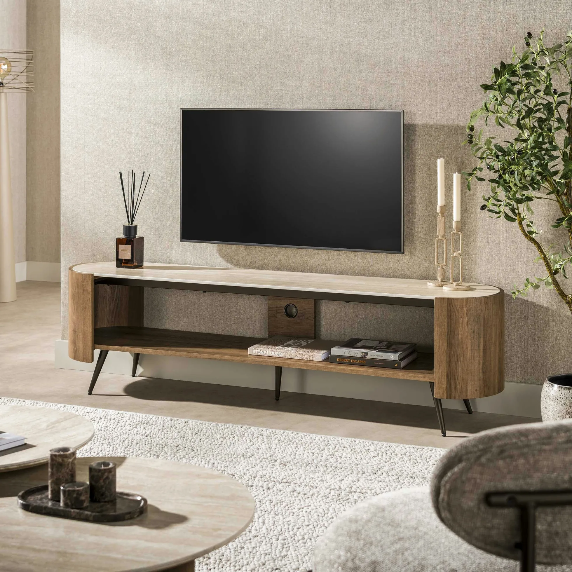 Meuble TV céramique 2 plateaux et pieds obliques ASCOLI