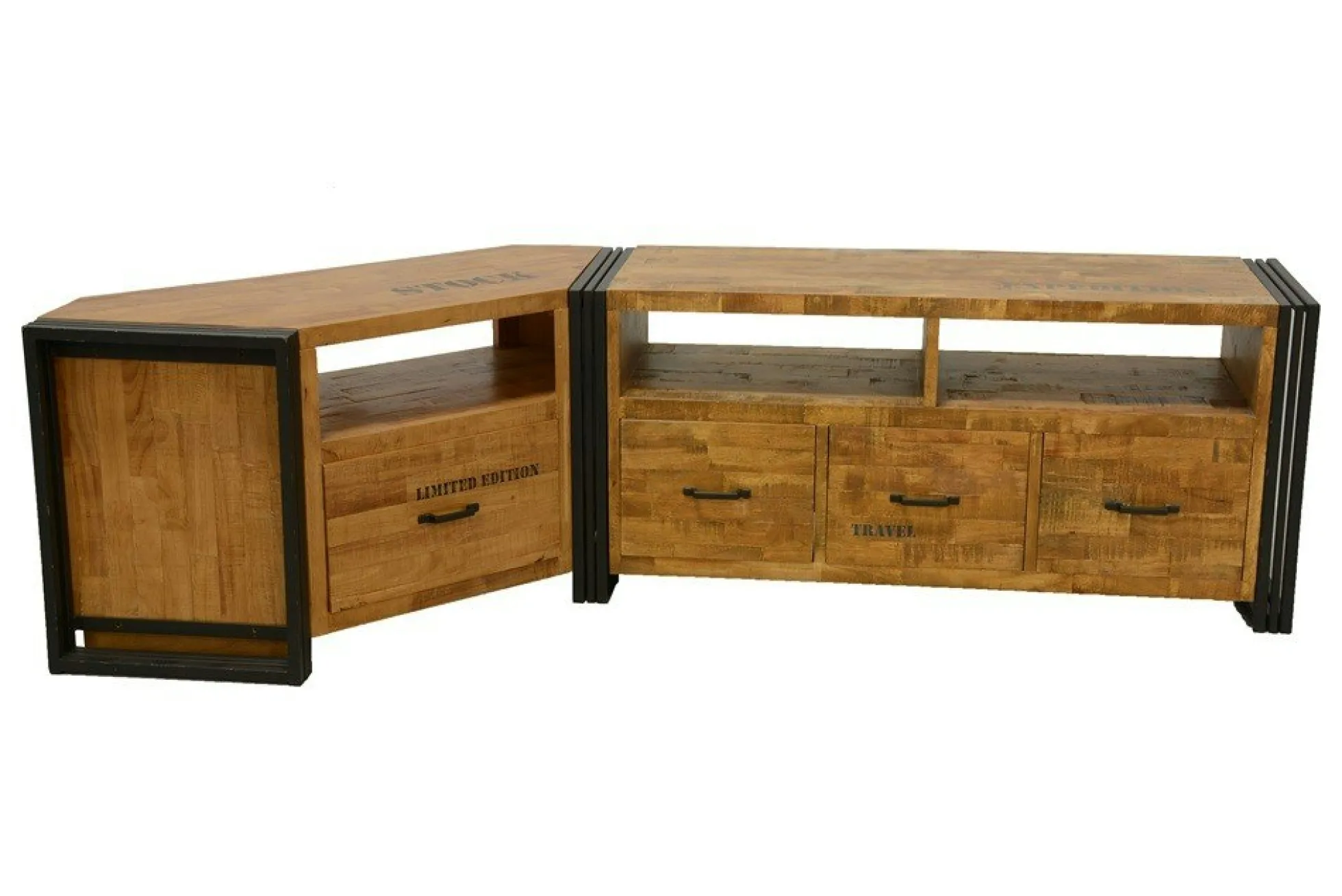 Meuble TV d'angle hévéa recyclé naturel et métal noirci 1 tiroir 1 niche 115X40X55cm DOCKER