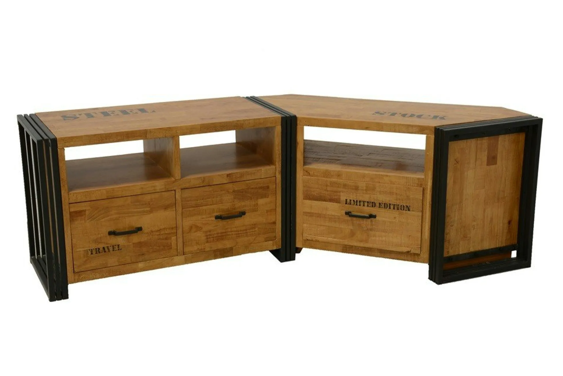 Meuble TV d'angle hévéa recyclé naturel et métal noirci 1 tiroir 1 niche 115X40X55cm DOCKER
