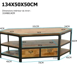Meuble TV d'angle 2 tiroirs, 3 niches ouvertes dont une grande en Hévéa recyclé naturel et métal 134x50x50cm LOFT