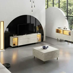 Meuble TV décor travertin et doré 2 portes 2 niches LED AURA