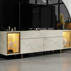 Meuble TV décor travertin et doré 2 portes 2 niches LED AURA