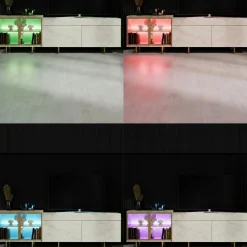 Meuble TV décor travertin et doré 2 portes 1 niche LED AURA