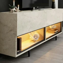 Meuble TV décor travertin 2 portes 2 niches LED AURA