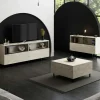Meuble TV décor travertin 2 portes 2 niches hautes LED AURA