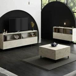 Meuble TV décor travertin 2 portes 2 niches hautes LED AURA