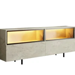 Meuble TV décor travertin 2 portes 2 niches hautes LED AURA