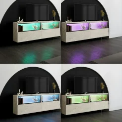 Meuble TV décor travertin 2 portes 2 niches hautes LED AURA