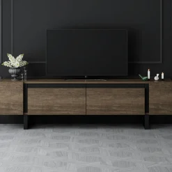 Meuble TV design effet noyer pieds cadres noirs JENA