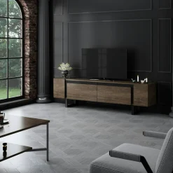 Meuble TV design effet noyer pieds cadres noirs JENA