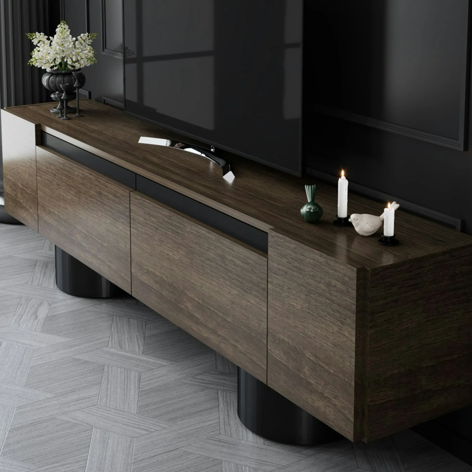 Meuble TV design effet noyer pieds cylindres noirs JENA