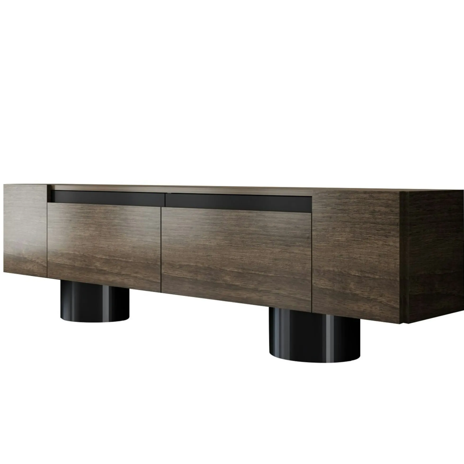 Meuble TV design effet noyer pieds cylindres noirs JENA