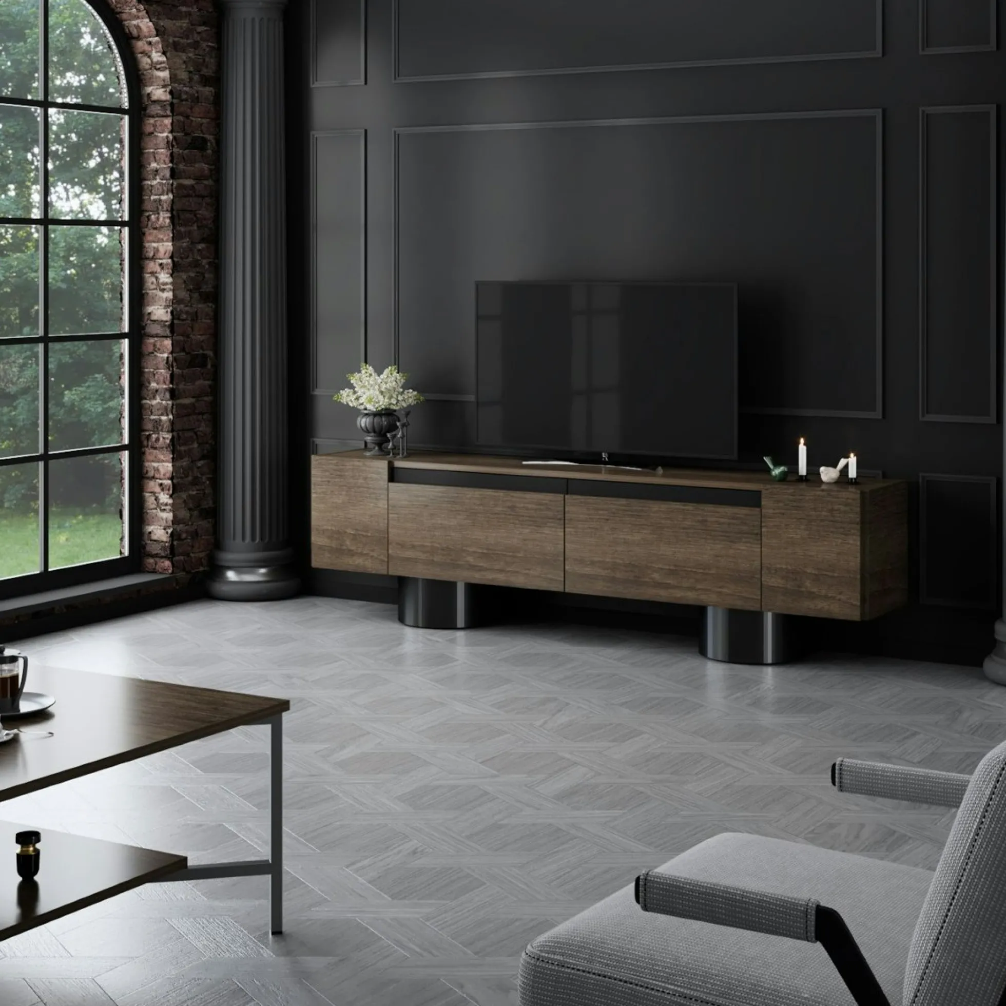 Meuble TV design effet noyer pieds cylindres noirs JENA