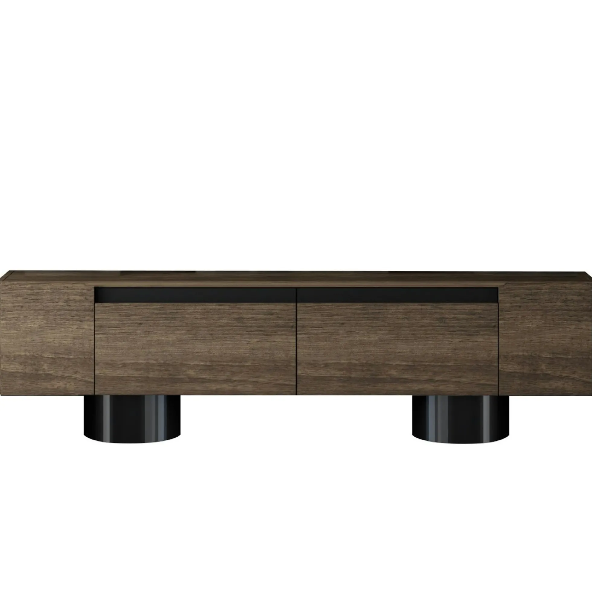 Meuble TV design effet noyer pieds cylindres noirs JENA
