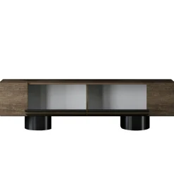 Meuble TV design effet noyer pieds cylindres noirs JENA