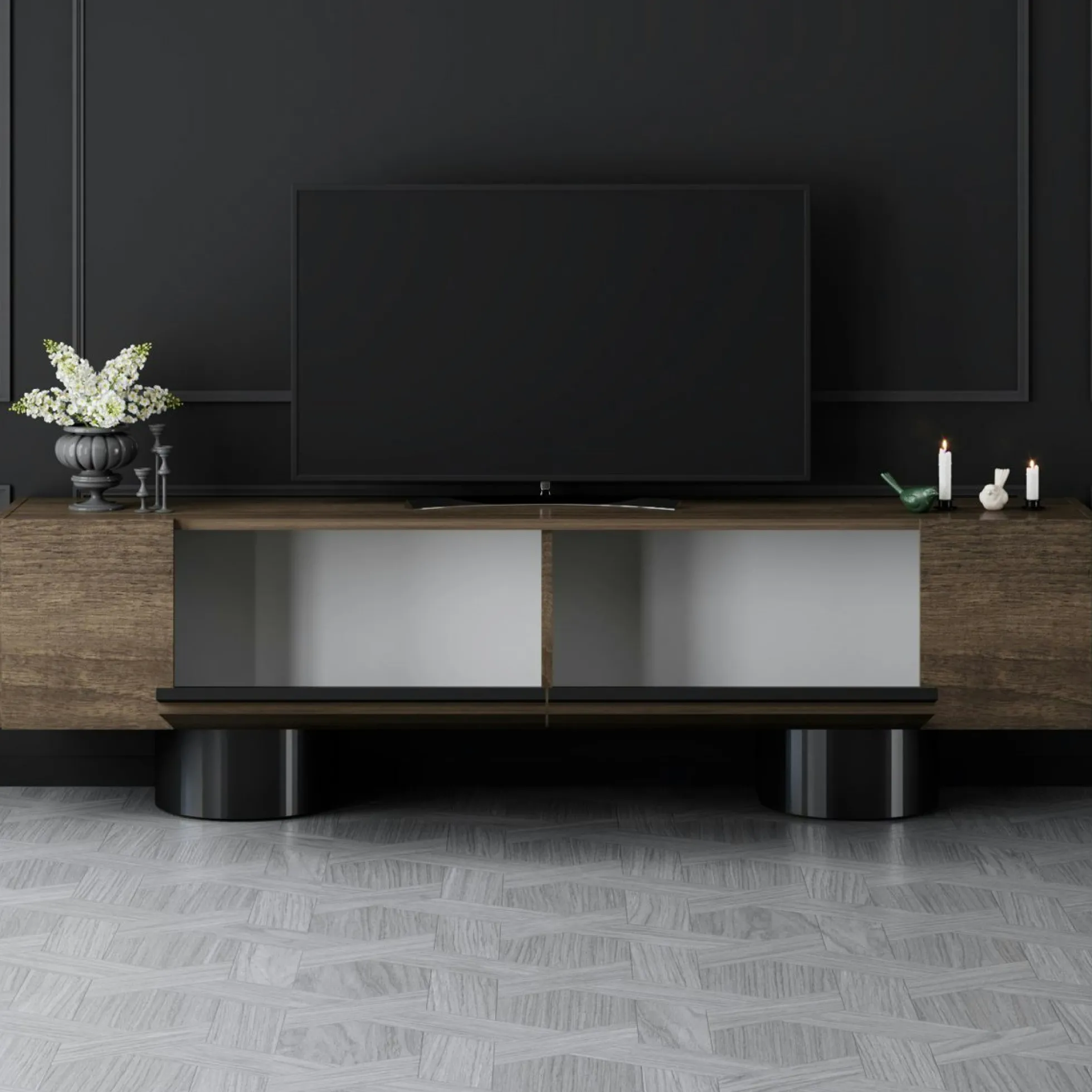 Meuble TV design effet noyer pieds cylindres noirs JENA