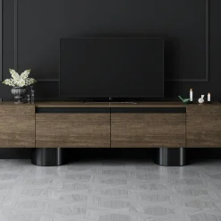 Meuble TV design effet noyer pieds cylindres noirs JENA