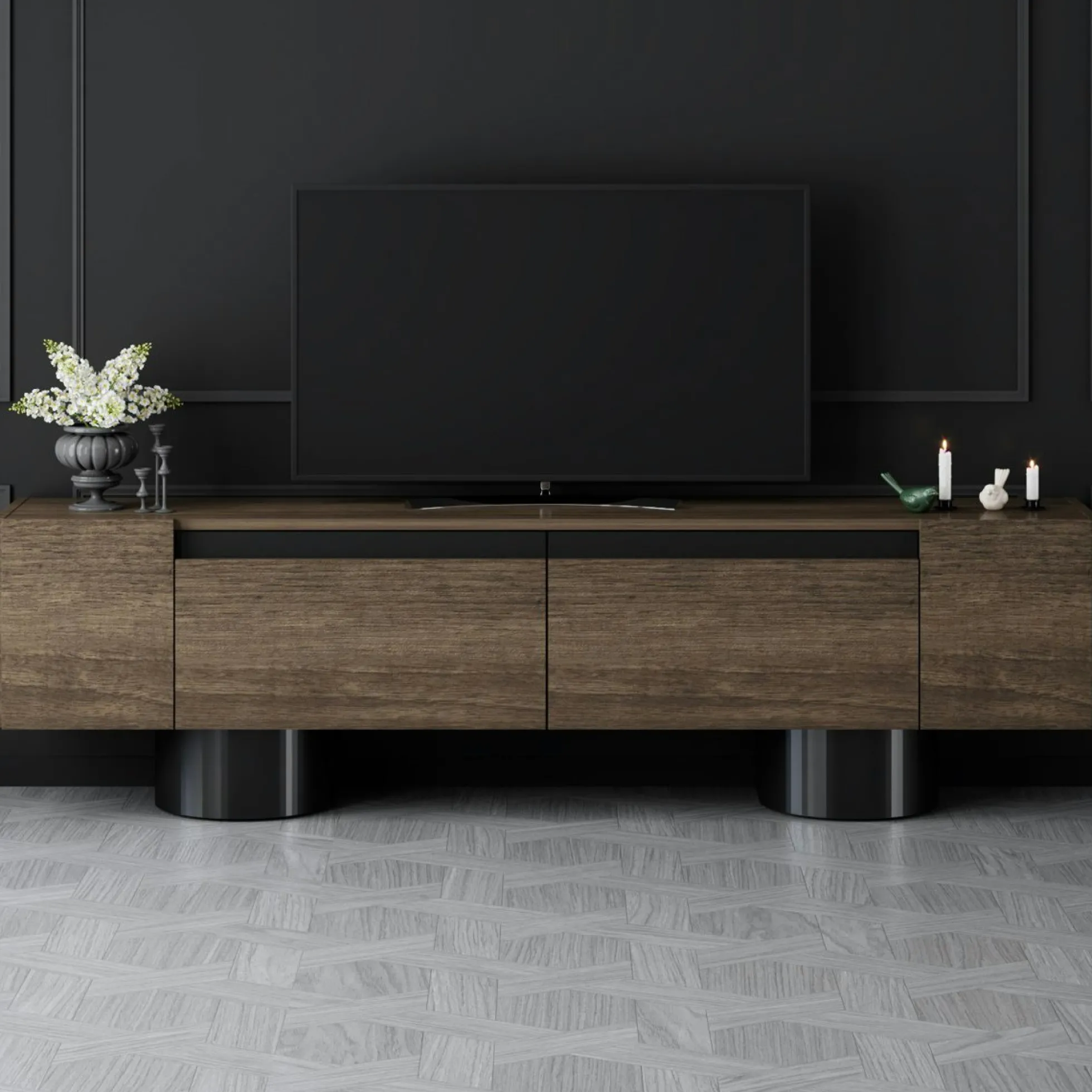 Meuble TV design effet noyer pieds cylindres noirs JENA