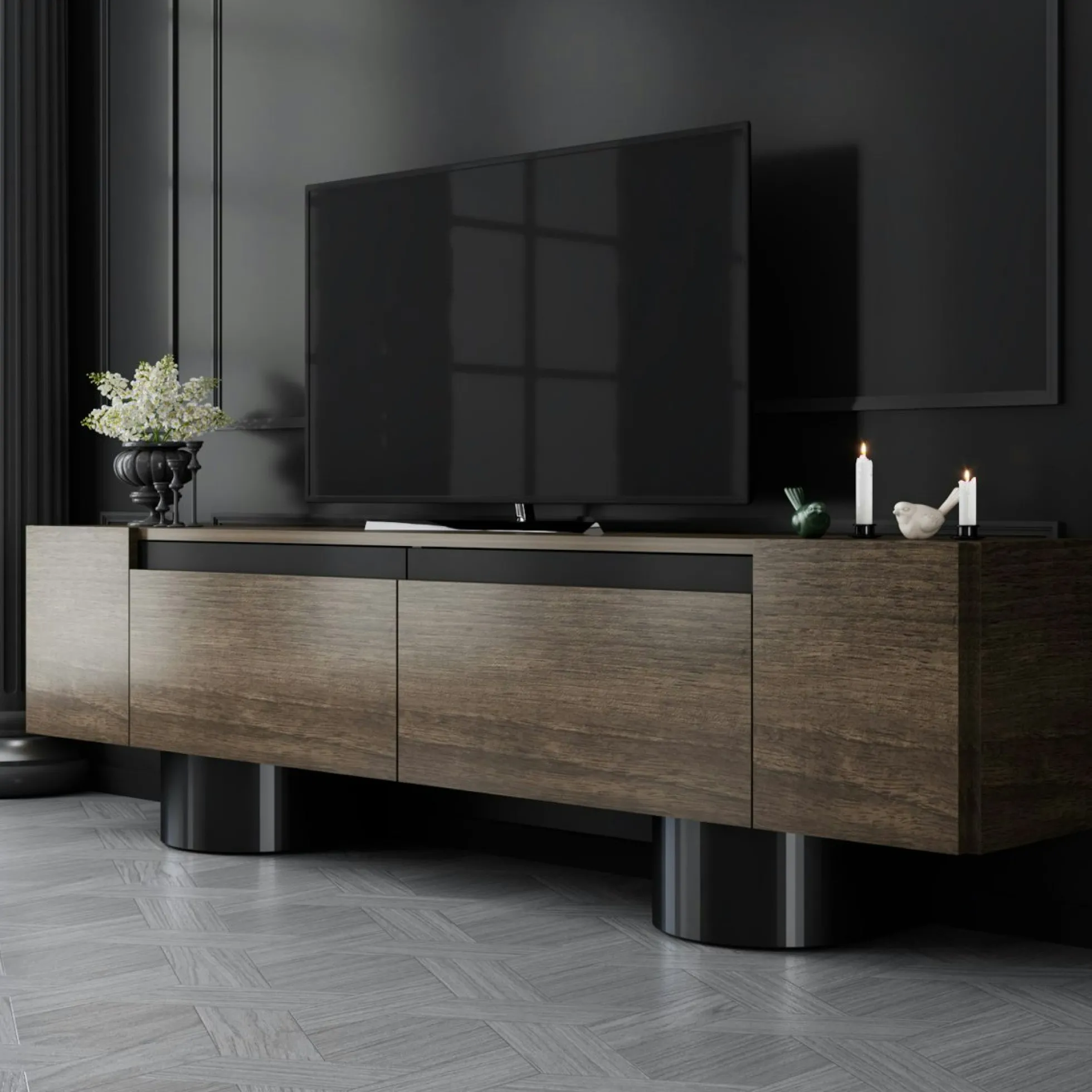 Meuble TV design effet noyer pieds cylindres noirs JENA