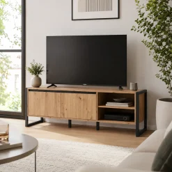 Meuble TV effet chêne 2 portes 2 niches ALVA