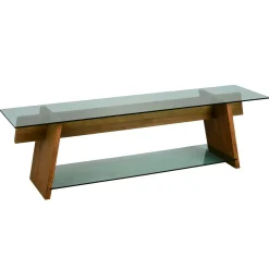 Meuble TV en bois brun et verre lagon - forme trapèze LHASA