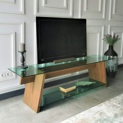 Meuble TV en bois brun et verre lagon - forme trapèze LHASA
