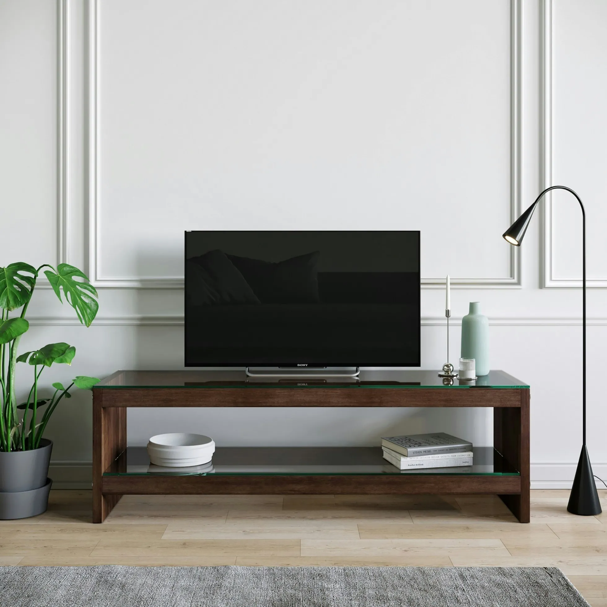 Meuble TV en bois brun et verre - 140 cm LHASA