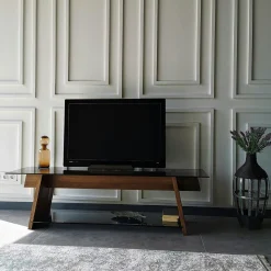 Meuble TV en bois brun et verre fumé - forme trapèze LHASA
