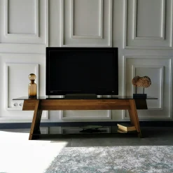 Meuble TV en bois brun et verre fumé - forme trapèze LHASA