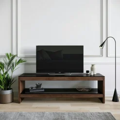 Meuble TV en bois brun et verre fumé - LHASA