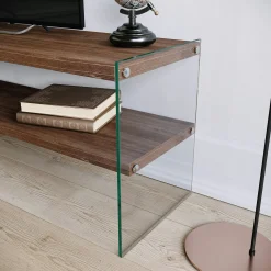 Meuble TV en bois brun et verre - 2 niveaux LHASA