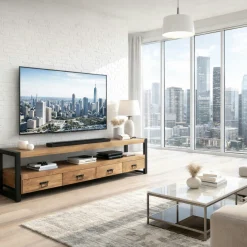 Meuble TV en bois clair et métal noir 4 tiroirs MILORA