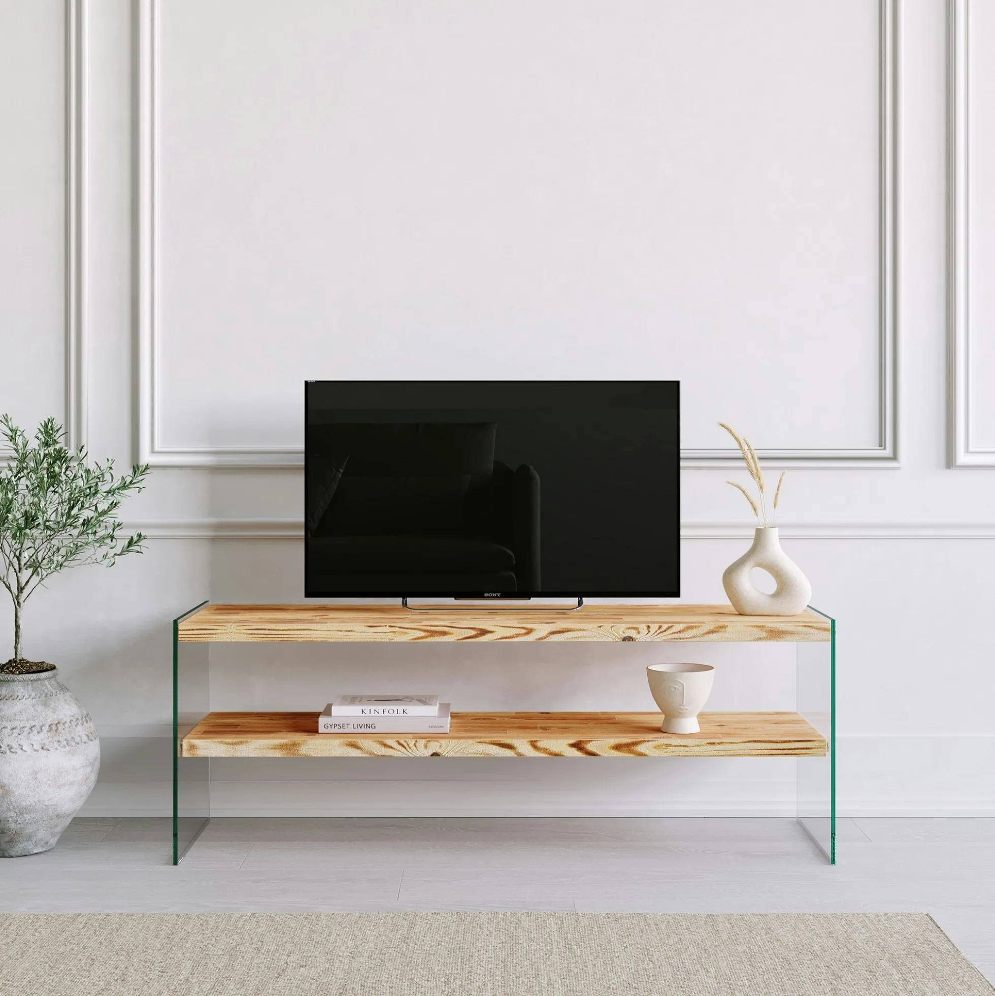 Meuble TV en bois clair et verre - 2 niveaux LHASA