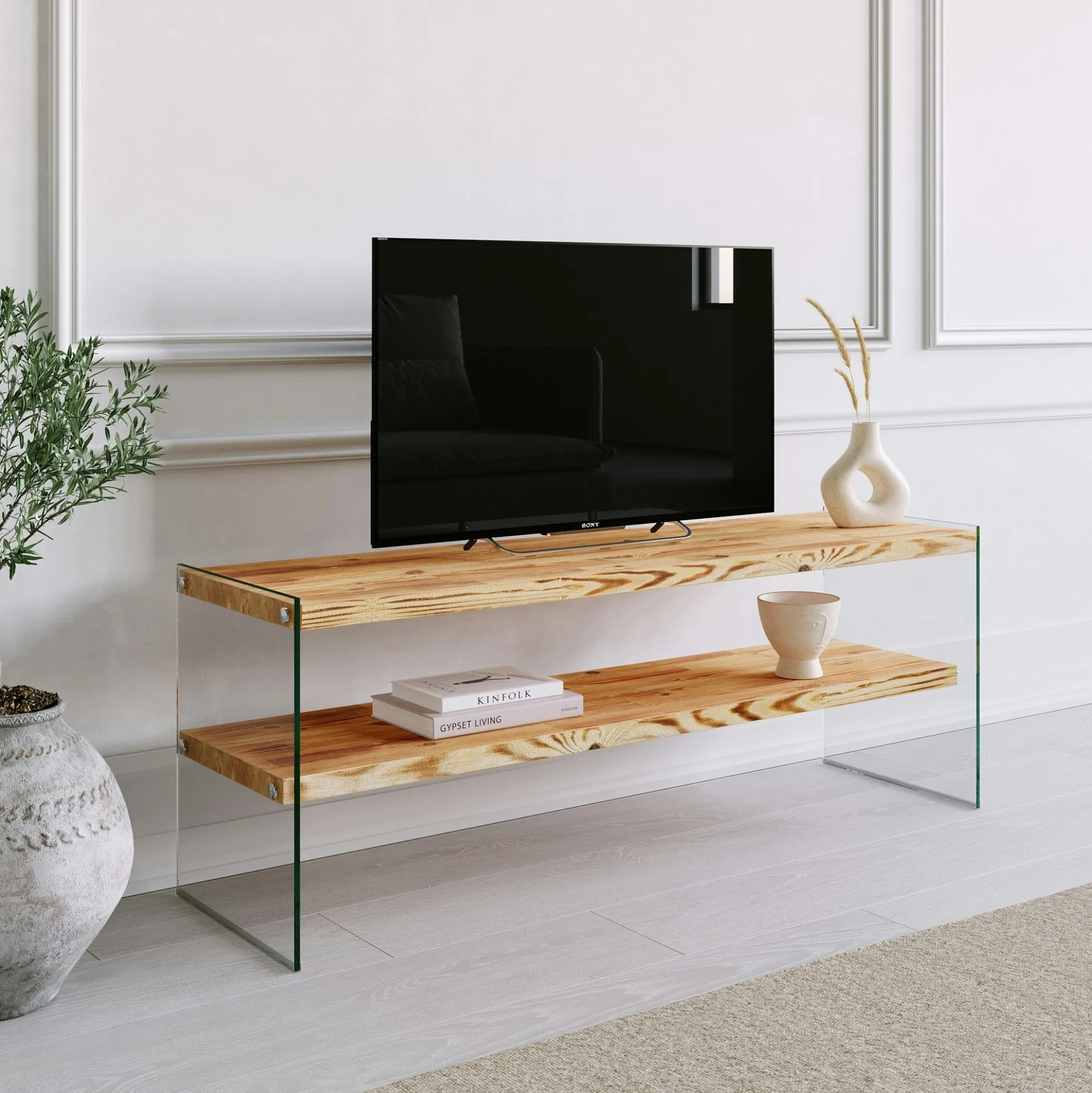 Meuble TV en bois clair et verre - 2 niveaux LHASA