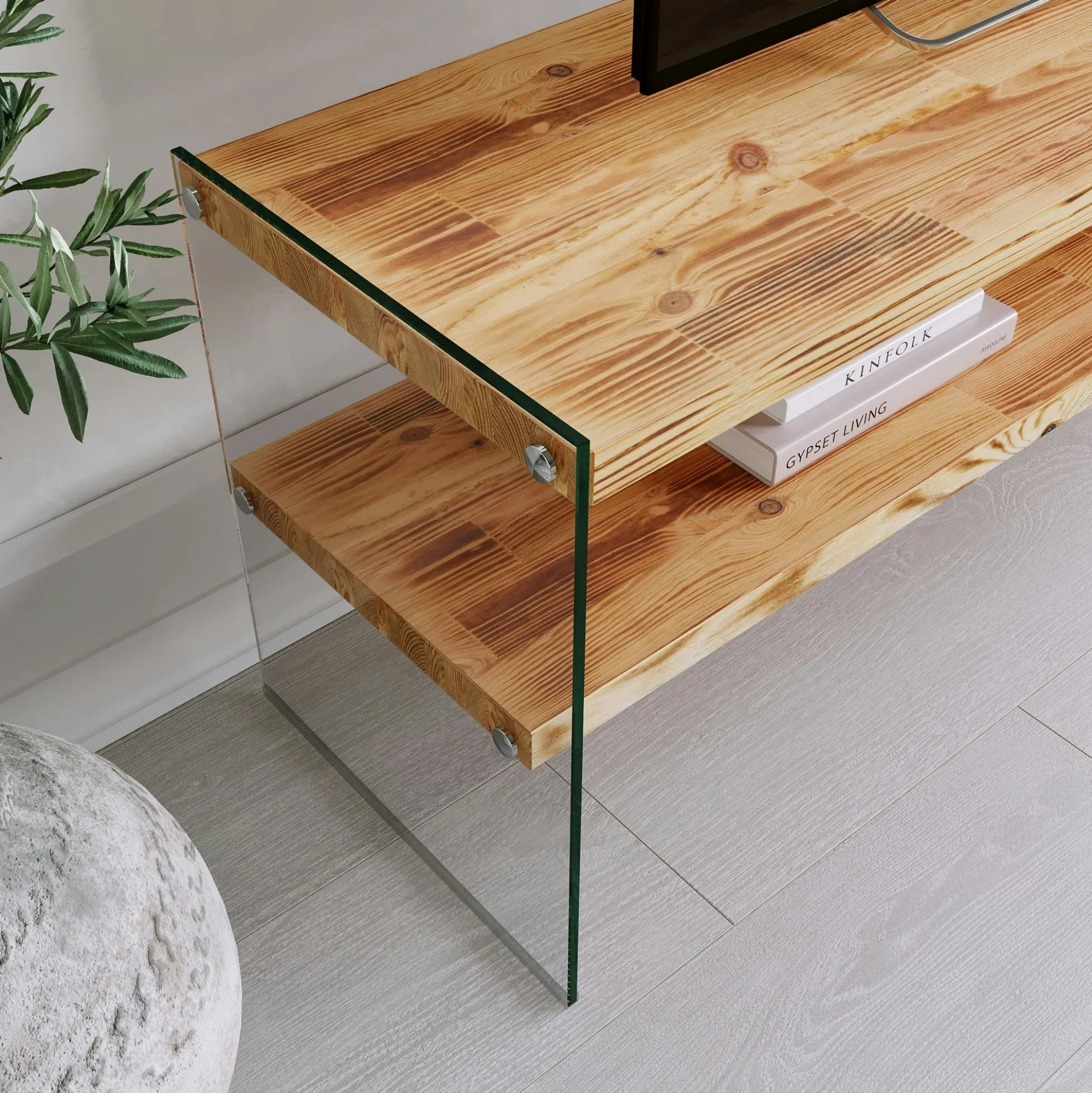 Meuble TV en bois clair et verre - 2 niveaux LHASA
