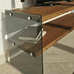 Meuble TV en bois marron et verre fumé - 2 niveaux LHASA