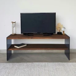 Meuble TV en bois marron et verre fumé - 2 niveaux LHASA