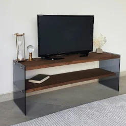 Meuble TV en bois marron et verre fumé - 2 niveaux LHASA
