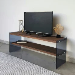 Meuble TV en bois marron et verre fumé - 2 niveaux LHASA