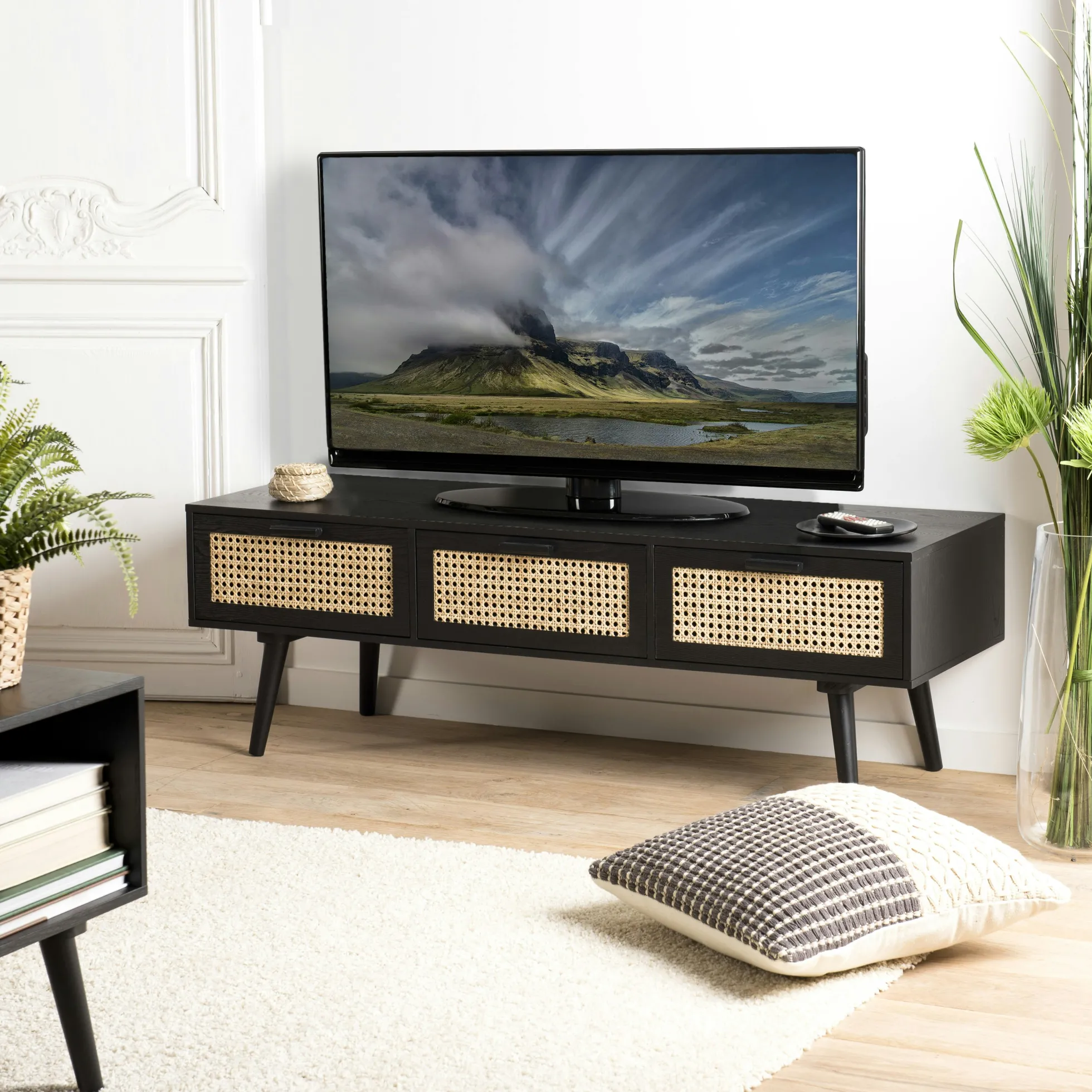 Meuble TV en bois noir avec cannage PALMA 2