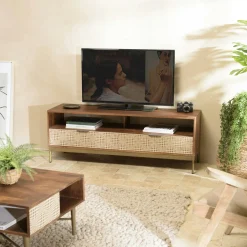 Meuble TV en bois pieds couleur laiton grande niche 2 tiroirs KANHA
